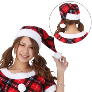 【クリスマスコスプレ】サンタ・帽子 チェック赤 - 拡大画像