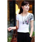 鮮やかなブルーと肩からのプリントデザインピチTシャツ