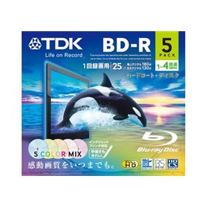 TDK 録画用 追記型ブルーレイディスク 25GB 1-4倍速対応 ワイドプリント仕様カラーミックス 5枚パック BRV25PWMB5A