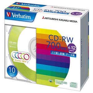 三菱化学メディア Verbatim製 データ用CD-RW 700MB 4-12倍速 5色カラーMIX(印刷不可) 5mmケース入り 10枚 SW80EM10V1