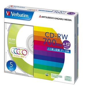 三菱化学メディア Verbatim製 データ用CD-RW 700MB 4-12倍速 5色カラーMIX(印刷不可) 5mmケース入り 5枚 SW80EM5V1