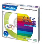 三菱化学メディア Verbatim製 データ用CD-RW 700MB 4-12倍速 5色カラーMIX(印刷不可) 5mmケース入り 5枚 SW80EM5V1