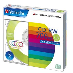 三菱化学メディア Verbatim製 データ用CD-RW 700MB 1-4倍速 5色カラーMIX(印刷不可) 5mmケース入り 5枚 SW80QM5V1