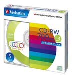 三菱化学メディア Verbatim製 データ用CD-RW 700MB 1-4倍速 5色カラーMIX(印刷不可) 5mmケース入り 5枚 SW80QM5V1