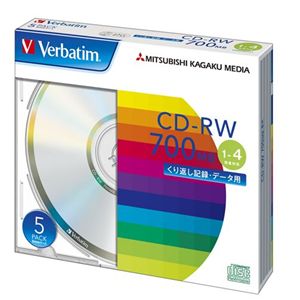 三菱化学メディア Verbatim製 データ用CD-RW 700MB 1-4倍速 スタンダードレーベル(印刷不可) 5mmケース入り 5枚 SW80QU5V1