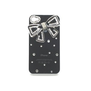 iPhone4★ラインストーンとリボンでキラキラのデコケース♪【全4色】 ブラック(ブラック)