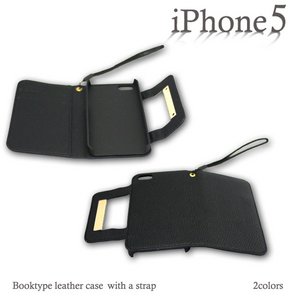 iPhone5 レザーケース　ブックタイプ　ストラップ付き　ブラック　BLACK