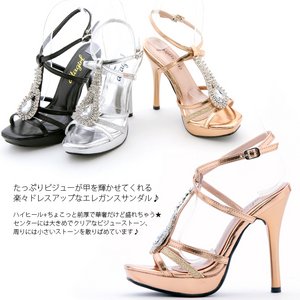 ビジュー＆ラインストーン前厚サンダル　ブラック M/23.5cm