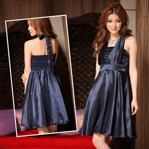 ギャザーホルターネック・サテンパーティードレス　紺