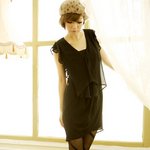 深Vネックフリルシフォンパーティドレスワンピース 黒