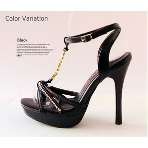 11cmヒール★ゴールドリングストラップパーティサンダル/ブラックLサイズ