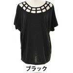 ドルマンスリーブ☆デコルテカットデザインTシャツ/カットソー/ブラックMサイズ