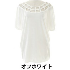 ドルマンスリーブ☆デコルテカットデザインTシャツ/カットソー/オフホワイトMサイズ