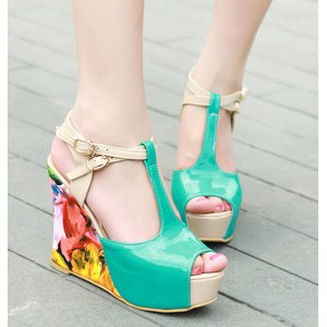 花柄ウエッジソール・ミュール/緑36サイズ