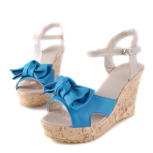 リボン付ウエッジソール・ミュール/青35サイズ