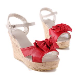 リボン付ウエッジソール・ミュール/赤36サイズ