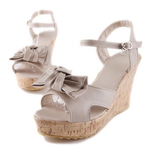 リボン付ウエッジソール・ミュール/白39サイズ