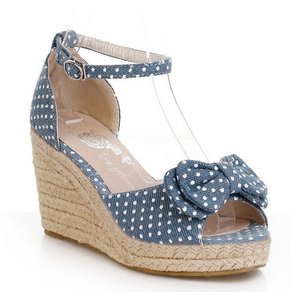 リボン付ウエッジソール・水玉ミュール/浅青39サイズ