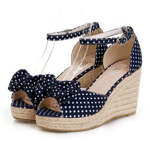 リボン付ウエッジソール・水玉ミュール/紺色37サイズ