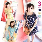 オープンショルダー・花柄シフォン・ティアードフリルワンピース/緑色