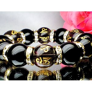 重量感抜群！極上大粒16ミリ玉☆金彫り六字真言煙水晶×AAA漆黒オニキス×ロンデル(化粧箱付)