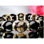 重量感抜群！極上大粒16ミリ玉☆金彫り六字真言煙水晶×AAA漆黒オニキス×ロンデル(化粧箱付)