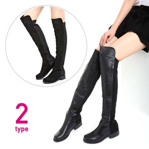 ローヒール・ニーハイブーツ/フェイクレザー黒36
