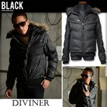 冬の大本命アウター★【DIVINER】3WAYリアルファーフード湿式PUレザー中綿ダウンタイプジャケット/ブラックXLサイズ