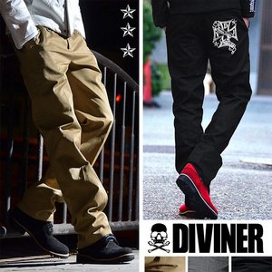 【DIVINER】スタースタッズクロス刺繍ツイルチノパンツ/ブラックLサイズ
