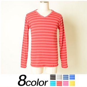 メンズ ボーダー カットソー / Tシャツ 長袖 Vネック ロンT ロングTシャツ 長袖Tシャツ/レッドLサイズ