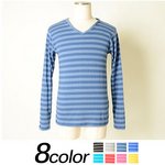 メンズ ボーダー カットソー / Tシャツ 長袖 Vネック ロンT ロングTシャツ 長袖Tシャツ/ネイビーMサイズ