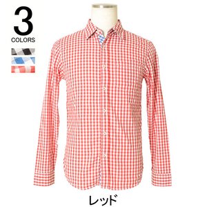 メンズ ギンガムチェック シャツ★チェックシャツ 長袖 カジュアル アメカジ コットン/レッドMサイズ