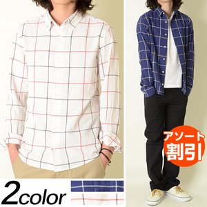 メンズ パナマ素材 チェックシャツ★グラフチェック柄 長袖シャツ カジュアル コットン/ネイビーLサイズ