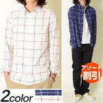 メンズ パナマ素材 チェックシャツ★グラフチェック柄 長袖シャツ カジュアル コットン/ネイビーLサイズ