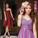 大きいサイズ有り/コサージュ付カシュクール・サテンパーティドレス 赤XXXLサイズ