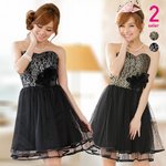 大きいサイズ有り/コサージュ付花柄レース×チュール切替ドレス シルバーXXLサイズ