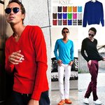 カシミアタッチアクリルVネックニットセーター/ブラック&チャコールLサイズ