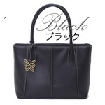ハンドバッグ牛革★蝶チャーム付きデイリーバッグ/ブラック&ブラック