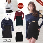 オフショルダータイトドレープワンピース2way/ワインレッド&ブラック