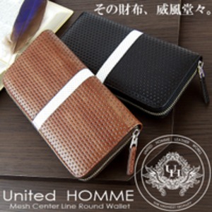 ラウンドファスナーメッシュ型押し×パンチング長財布/ブラック