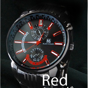 メンズ腕時計 ☆BLACK OCEAN★メタルタイプ　ブラック　ビッグフェイス/レッド - 拡大画像