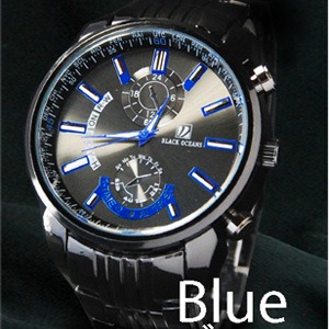 メンズ腕時計 ☆BLACK OCEAN★メタルタイプ　ブラック　ビッグフェイス/ブルー - 拡大画像