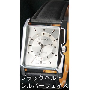 メンズ腕時計 クォーツ　スクウェアー　メンズウォッチ-CLAUDIA- 腕時計/文字盤シルバー&ベルトブラック - 拡大画像