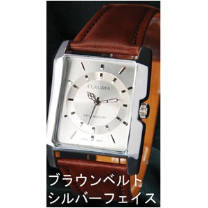 メンズ腕時計 クォーツ　スクウェアー　メンズウォッチ-CLAUDIA- 腕時計/文字盤シルバー&ベルトブラウン - 拡大画像