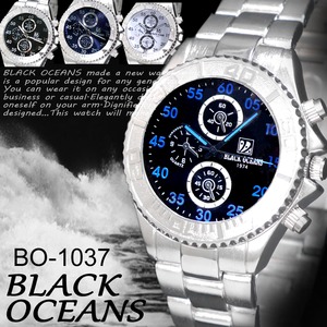 BLACK OCEANS- 腕時計　シルバーメタル　デザインクロノグラフ/ブラック盤ブルー文字 - 拡大画像