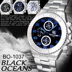 BLACK OCEANS- 腕時計 シルバーメタル デザインクロノグラフ/ブラック盤ブルー文字