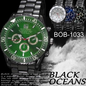 メンズ腕時計 デザインクロノグラフ　ブラック　メタルバンド　ウォッチ/グリーン - 拡大画像