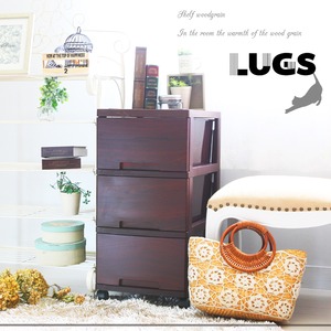 LUGS ラグス木目調3段 ダークブラウン チェスト 衣装ケース プラスチック BOX 収納ケース 木目 ウッド