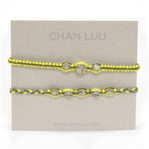 CHAN LUU（チャンルー） 1ラップ Friendship COLLECTION set 2 ペア・ブレスレット／ミサンガ ギフト、記念日オススメ☆ネオンイエロー、オリーブ、グレーのコットンコードにクリアカラークリスタルをミックス BS-3308 NEON YEL MIX