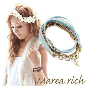 Marea rich（マレアリッチ） クロスチャーム付 ゴールドチェーン×レザー ブレスレット ターコイズブルー10KA-06